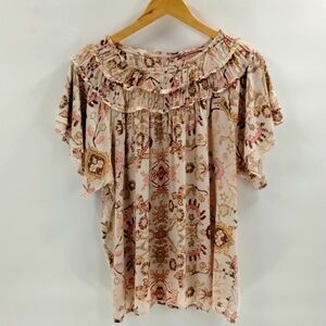 Candace Cameron Bure Blousensise Large Short Sleeve Floral Brown Cream Print